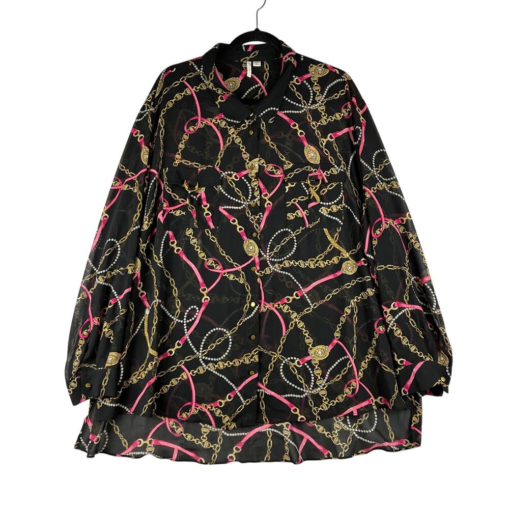 Cato Long Roll Tab Sleeve Sheer Tunic Blouse Women’s 4X Black Pearl Chain Print